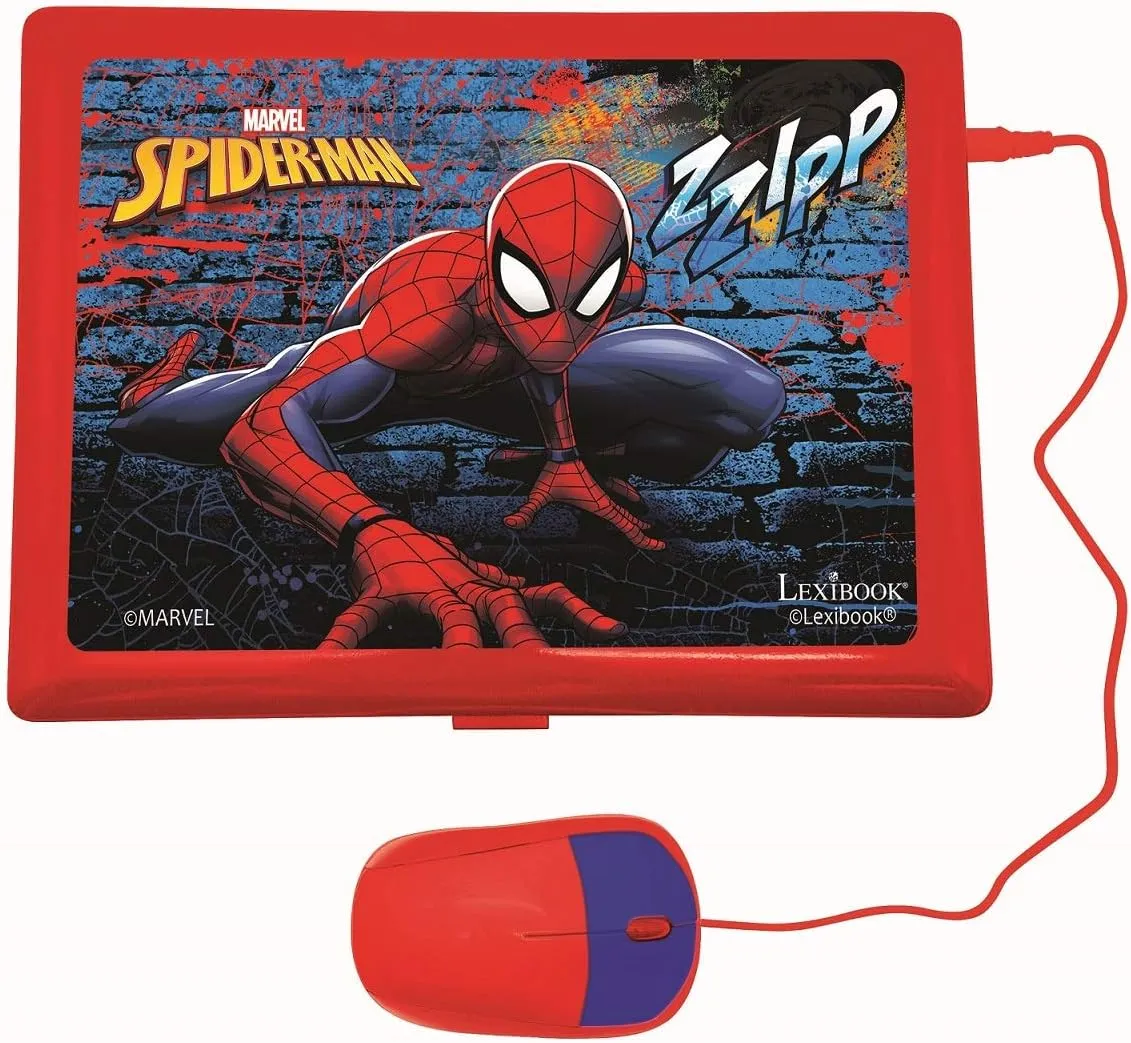LEXIBOOK JC598SPi4 Marvel Spiderman-Educational and Bilingual Laptop Portuguese/English-Girls Toy with 124 Activities to Learn, Play Games and Music with Elsa & Anna-Blue/Red