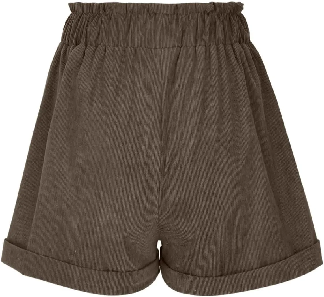 LFEOOST Women's Mushroom Embroidery Corduroy Shorts Fashion Paperbag Waist Elastic Waist Summer Loose Wide Leg Casual Shorts