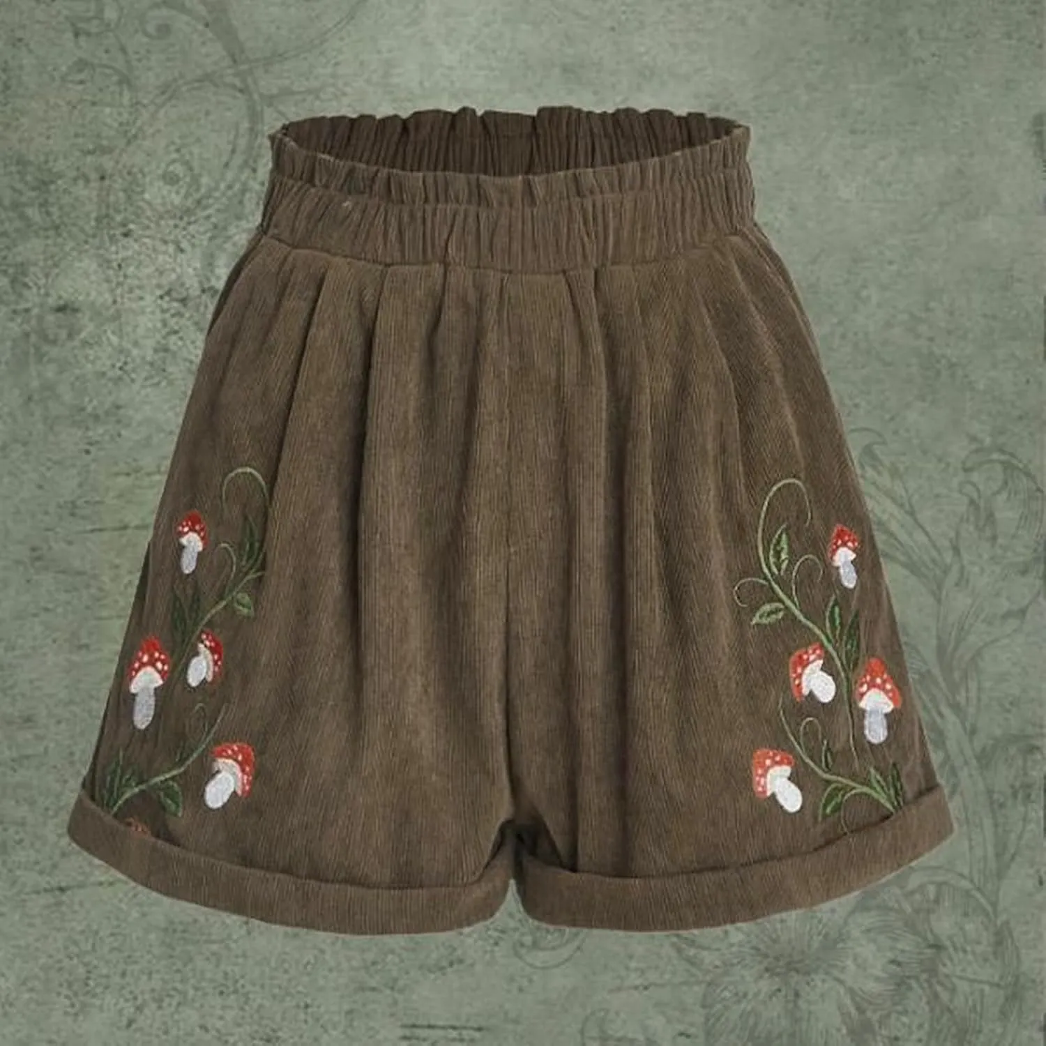 LFEOOST Women's Mushroom Embroidery Corduroy Shorts Fashion Paperbag Waist Elastic Waist Summer Loose Wide Leg Casual Shorts