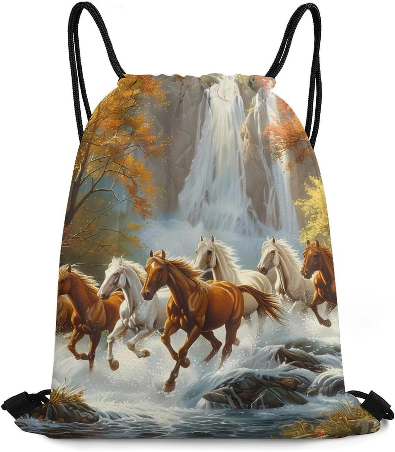 Life Mountain Stream Running Horse Wild Travel Drawstring Bag Waterproof String Backpack Gym Sackpack Sport Bag