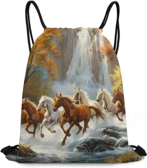Life Mountain Stream Running Horse Wild Travel Drawstring Bag Waterproof String Backpack Gym Sackpack Sport Bag