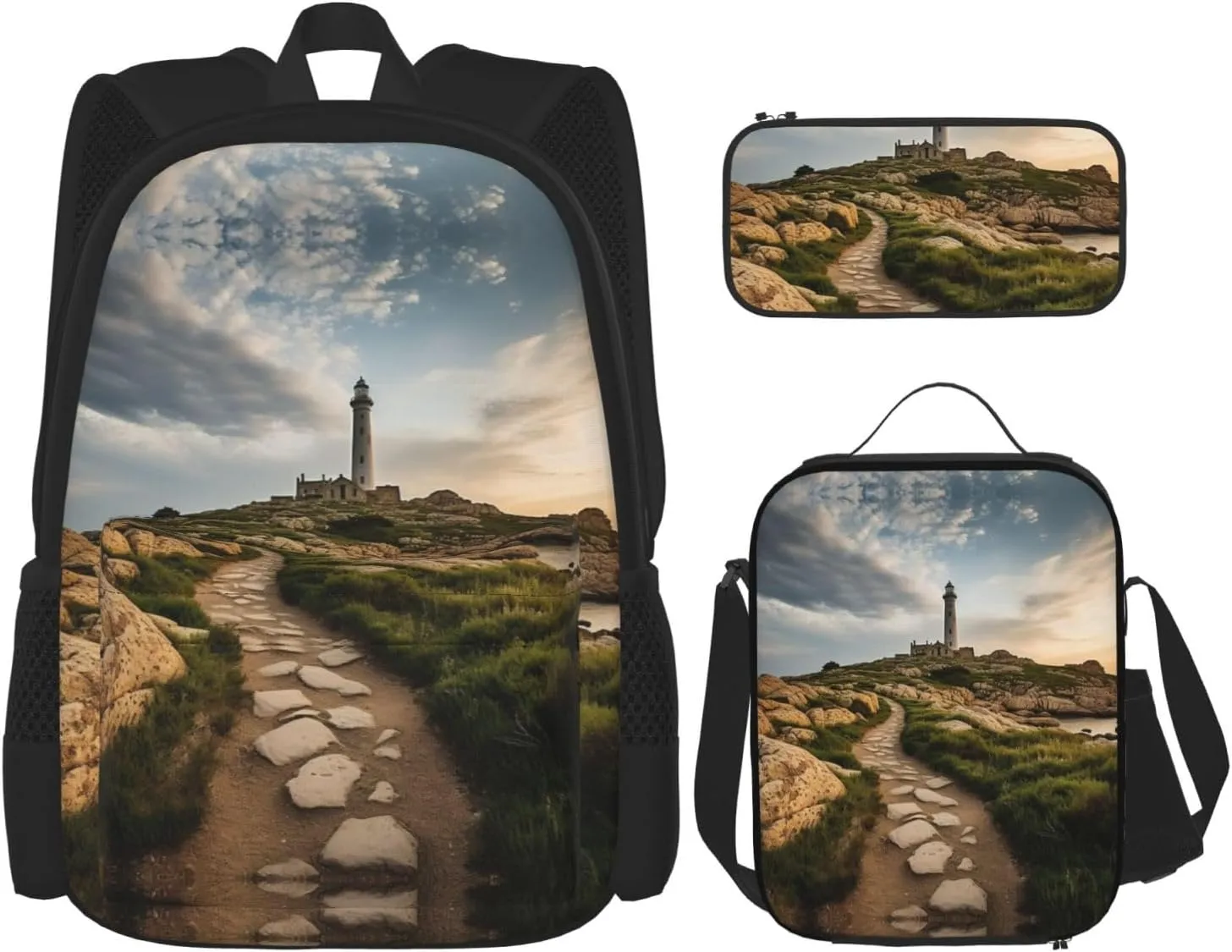 Lighthouse Seaside Print Stylish Travel Backpack And Lunch Box Set,600d Oxford Fabric,With Insulated Lunch Bag