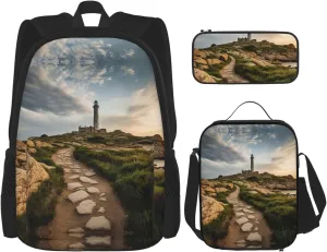 Lighthouse Seaside Print Stylish Travel Backpack And Lunch Box Set,600d Oxford Fabric,With Insulated Lunch Bag