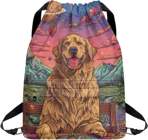 Lightweight String Gym Bag for Men Cute Golden Retriever Gym Bag with Adjustable Wide Shoulder Straps Drawstring Backpack with Convenient Multi Pockets for Multiple Uses