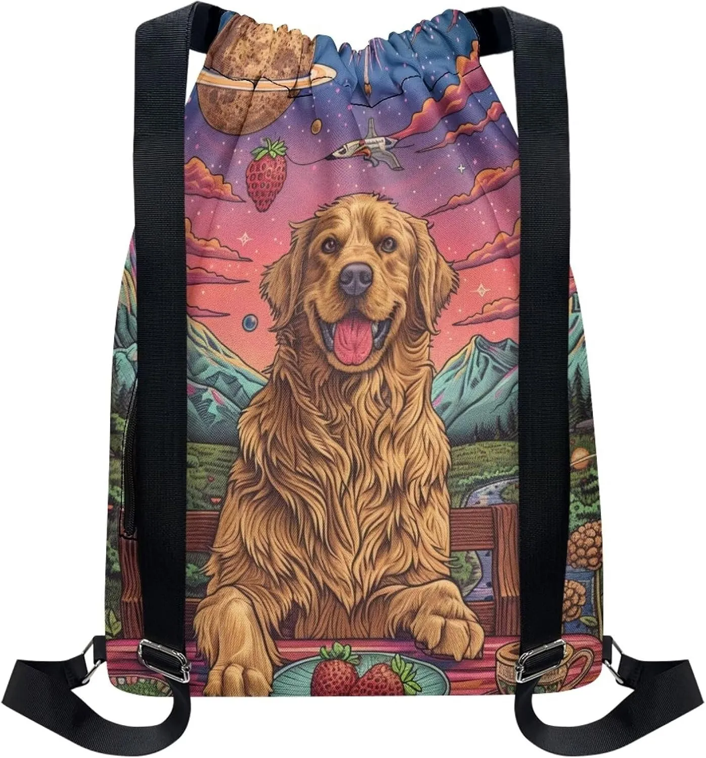 Lightweight String Gym Bag for Men Cute Golden Retriever Gym Bag with Adjustable Wide Shoulder Straps Drawstring Backpack with Convenient Multi Pockets for Multiple Uses
