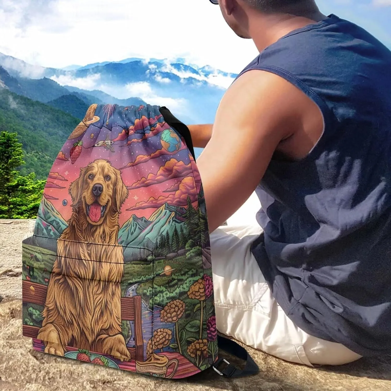Lightweight String Gym Bag for Men Cute Golden Retriever Gym Bag with Adjustable Wide Shoulder Straps Drawstring Backpack with Convenient Multi Pockets for Multiple Uses