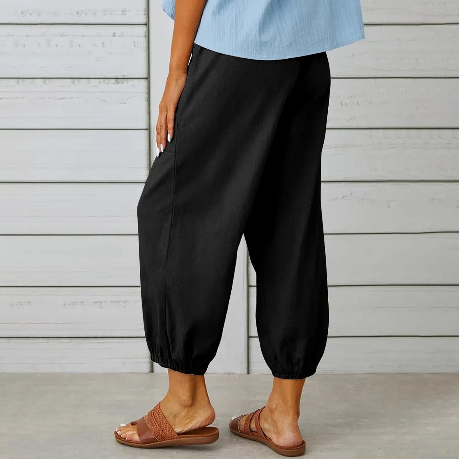 Linen Pants Women Casual High Waisted Lounge Capris Soft Drawstring Loose Vacation Trousers Cotton Summer Clothes