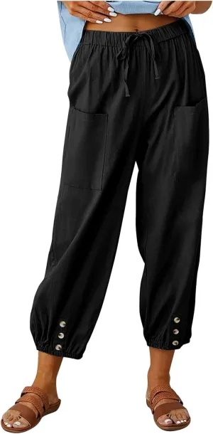 Linen Pants Women Casual High Waisted Lounge Capris Soft Drawstring Loose Vacation Trousers Cotton Summer Clothes