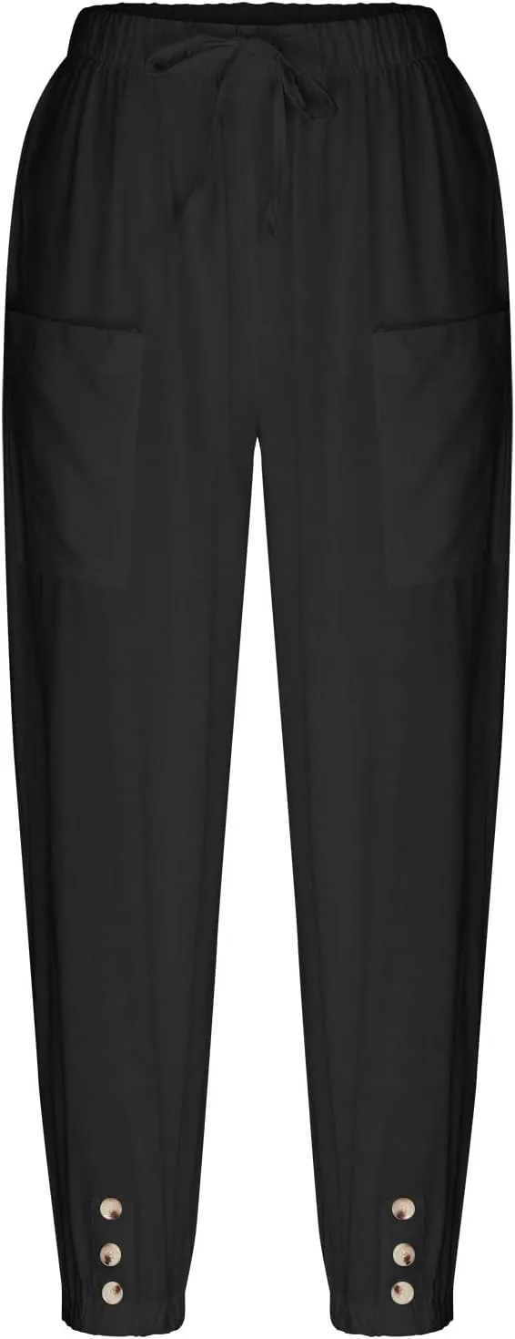 Linen Pants Women Casual High Waisted Lounge Capris Soft Drawstring Loose Vacation Trousers Cotton Summer Clothes