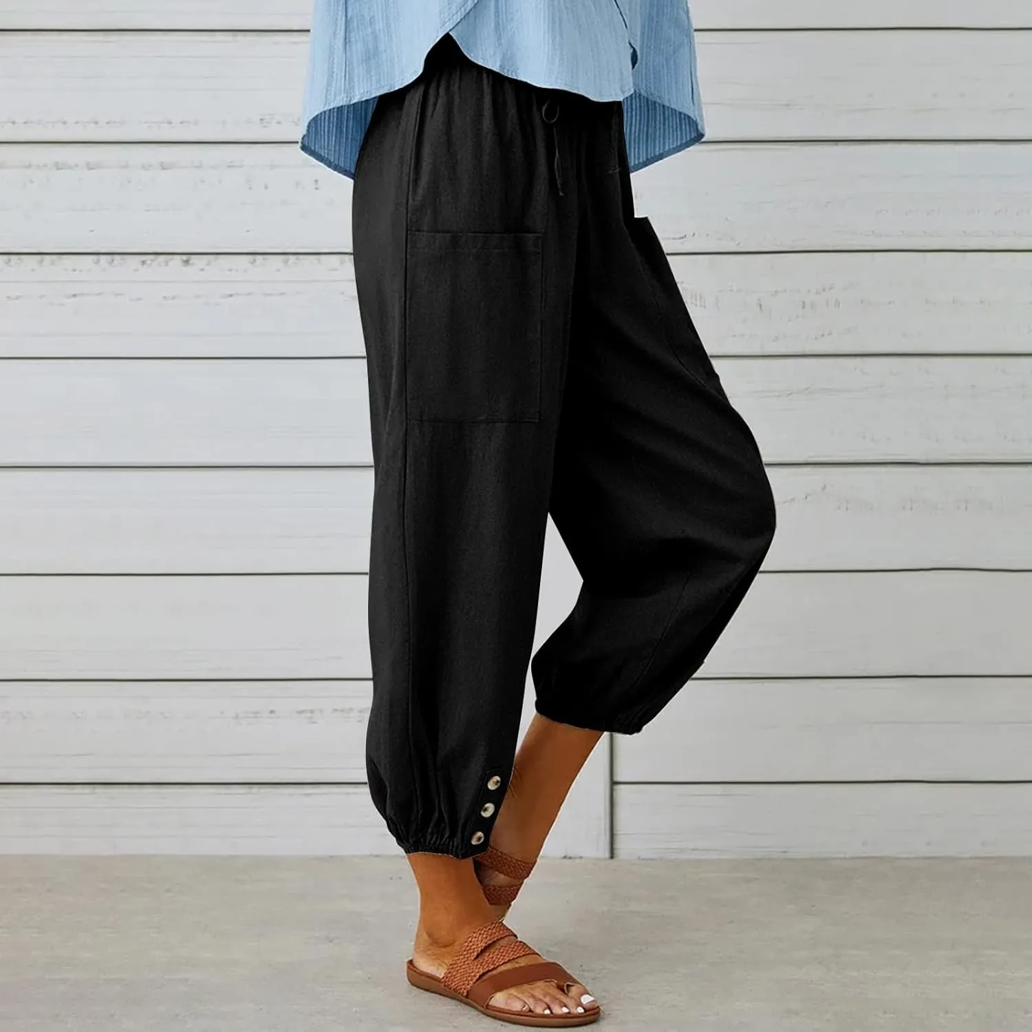 Linen Pants Women Casual High Waisted Lounge Capris Soft Drawstring Loose Vacation Trousers Cotton Summer Clothes