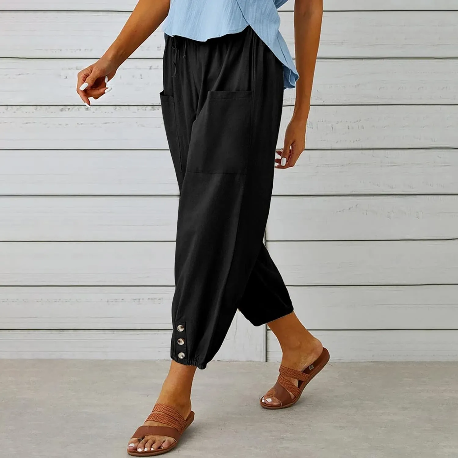 Linen Pants Women Casual High Waisted Lounge Capris Soft Drawstring Loose Vacation Trousers Cotton Summer Clothes