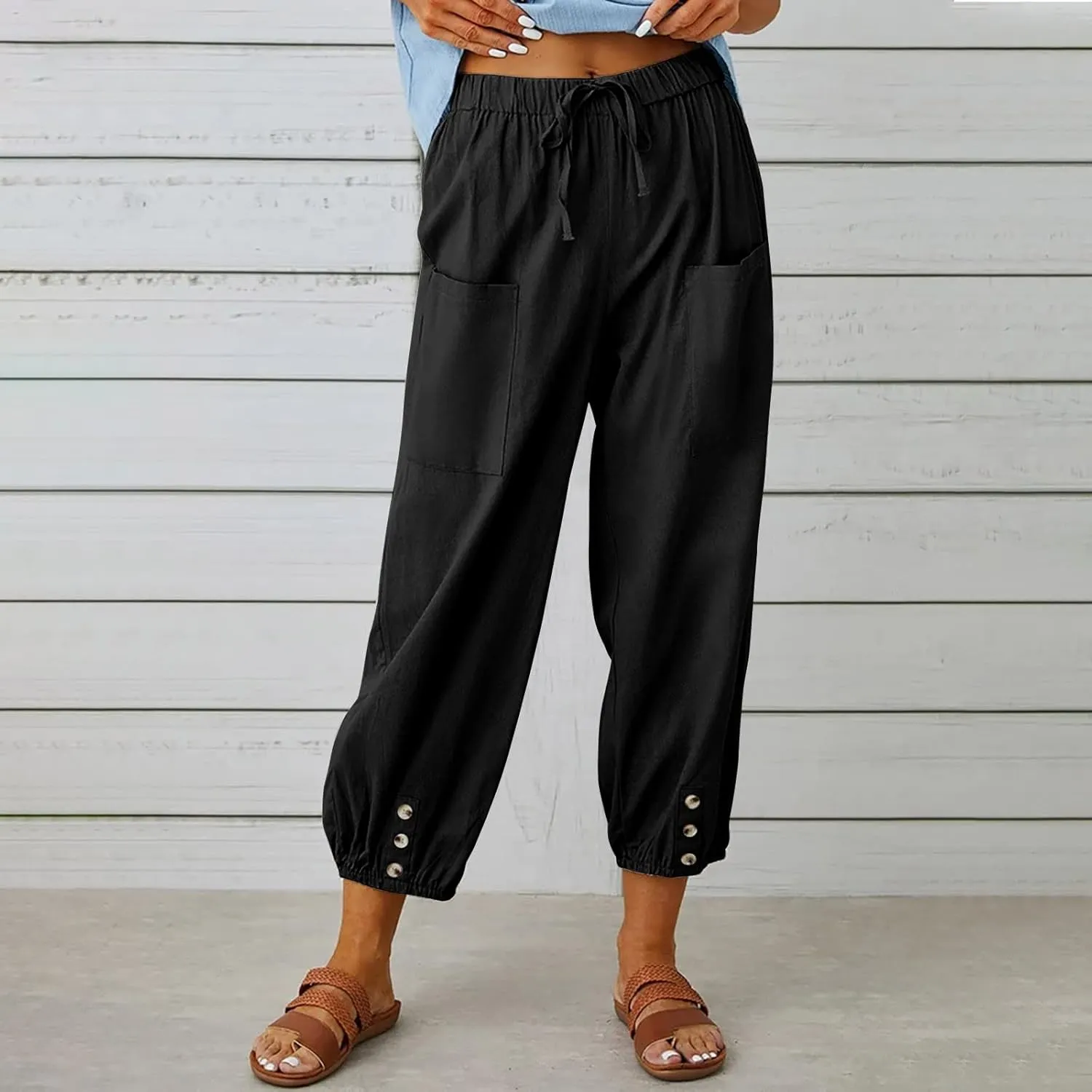 Linen Pants Women Casual High Waisted Lounge Capris Soft Drawstring Loose Vacation Trousers Cotton Summer Clothes