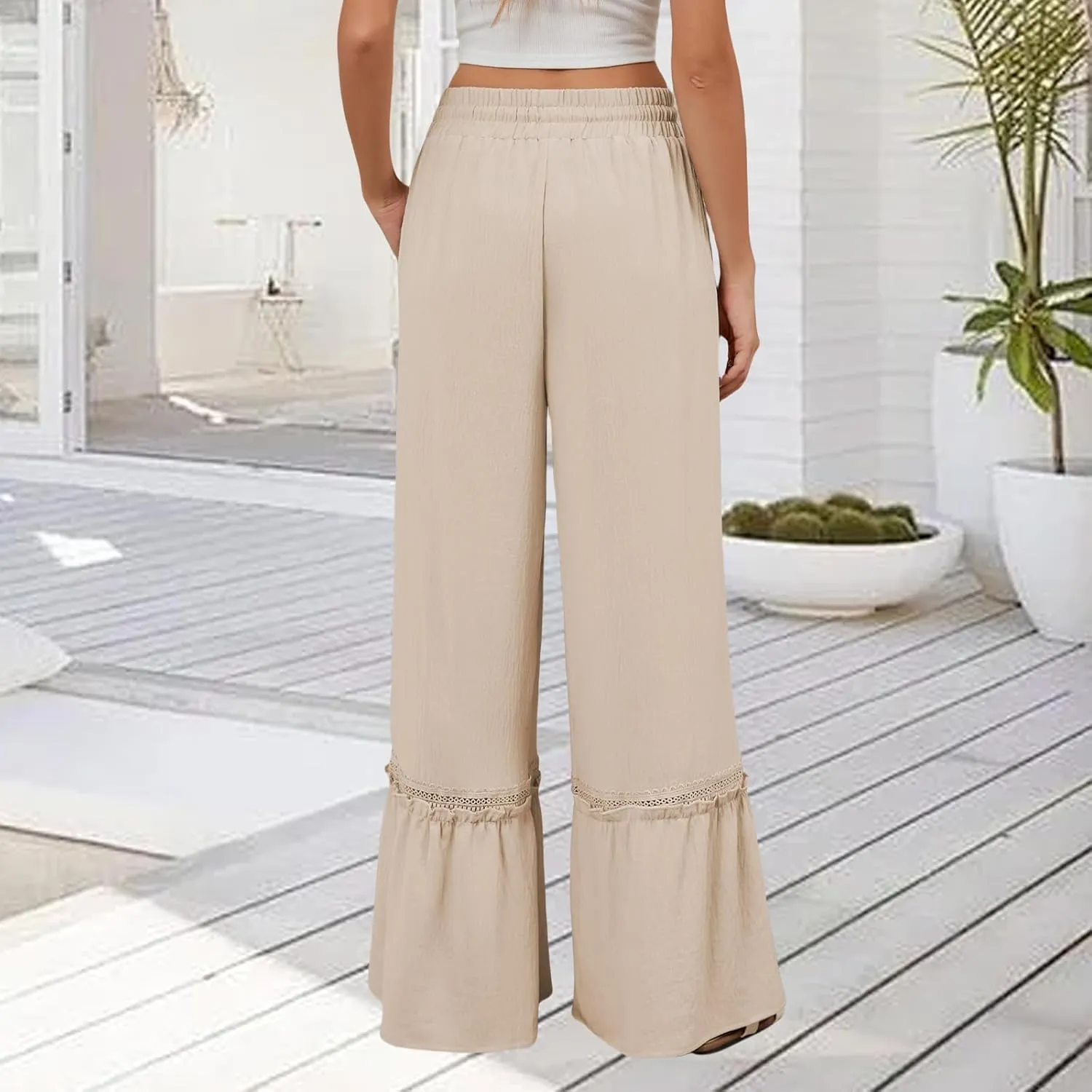Linen Pants Women Wide Leg Beach Pants Summer Drawstring High Waist Loose Flowy Pant Business Work Trousers