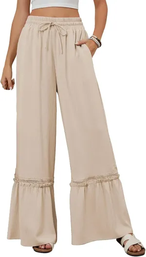 Linen Pants Women Wide Leg Beach Pants Summer Drawstring High Waist Loose Flowy Pant Business Work Trousers