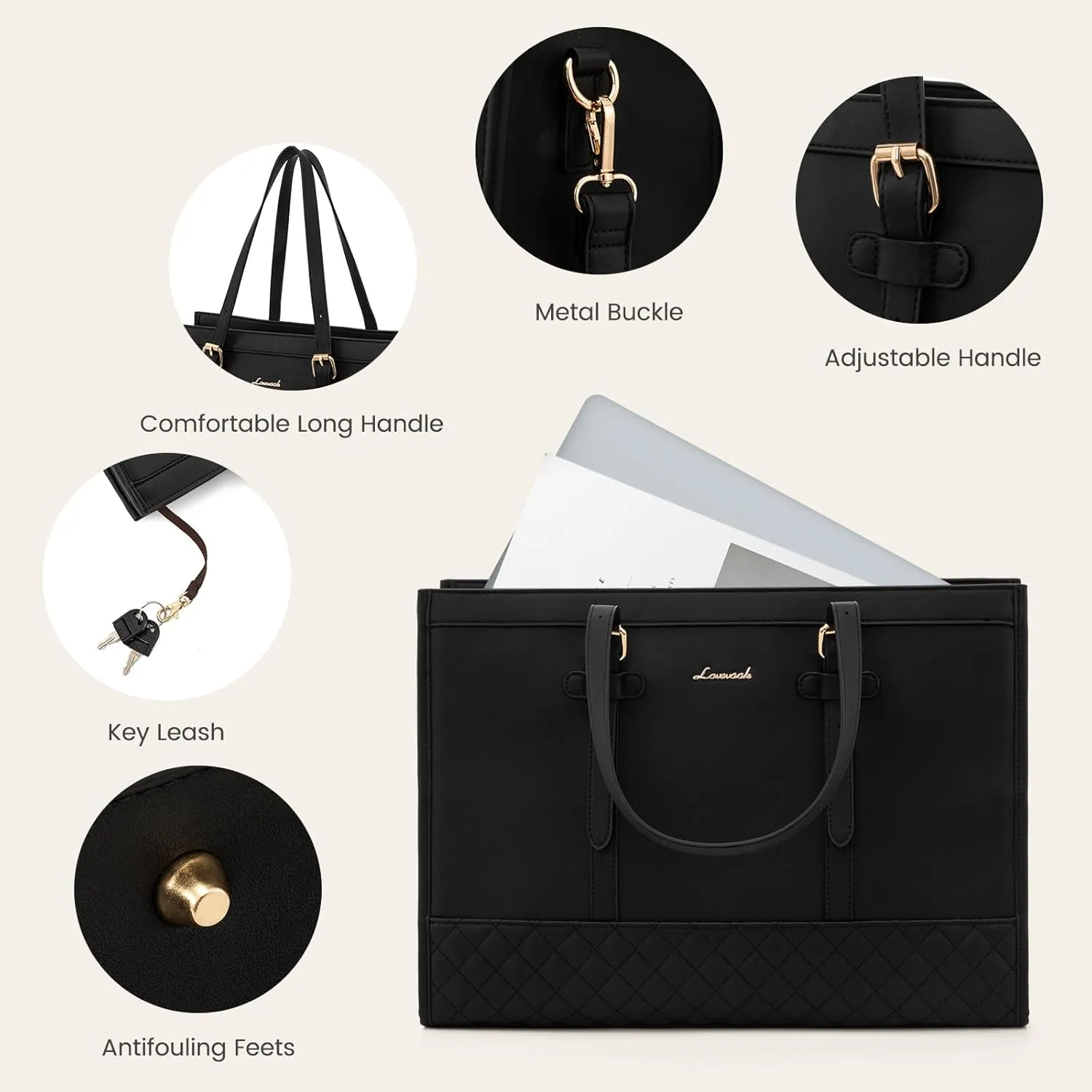 LOVEVOOK Fashion Laptop Tote Bag for Women, 15.6 inch, Black