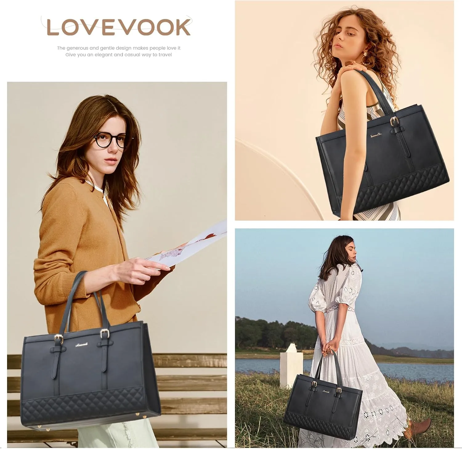 LOVEVOOK Fashion Laptop Tote Bag for Women, 15.6 inch, Black