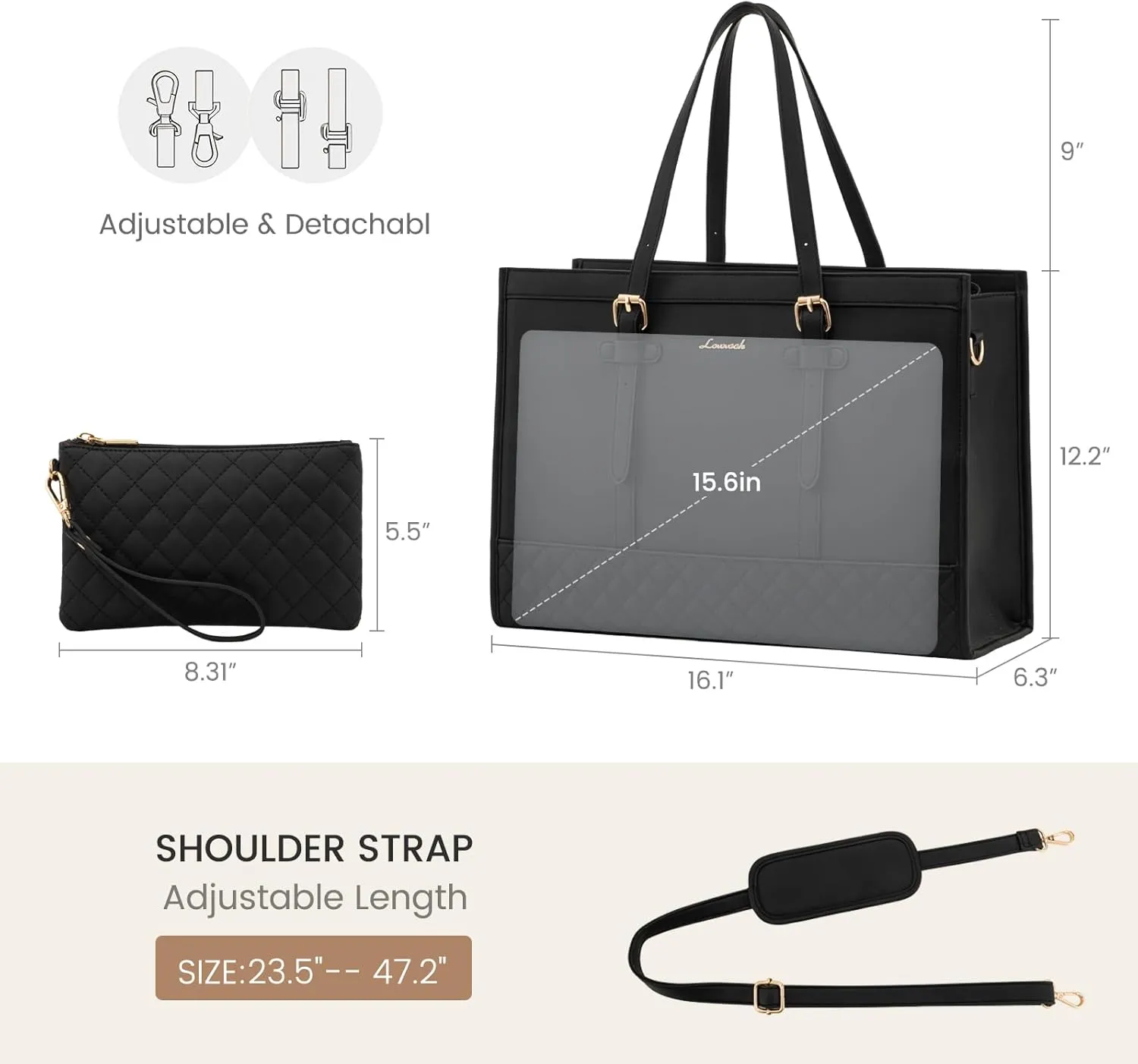 LOVEVOOK Fashion Laptop Tote Bag for Women, 15.6 inch, Black