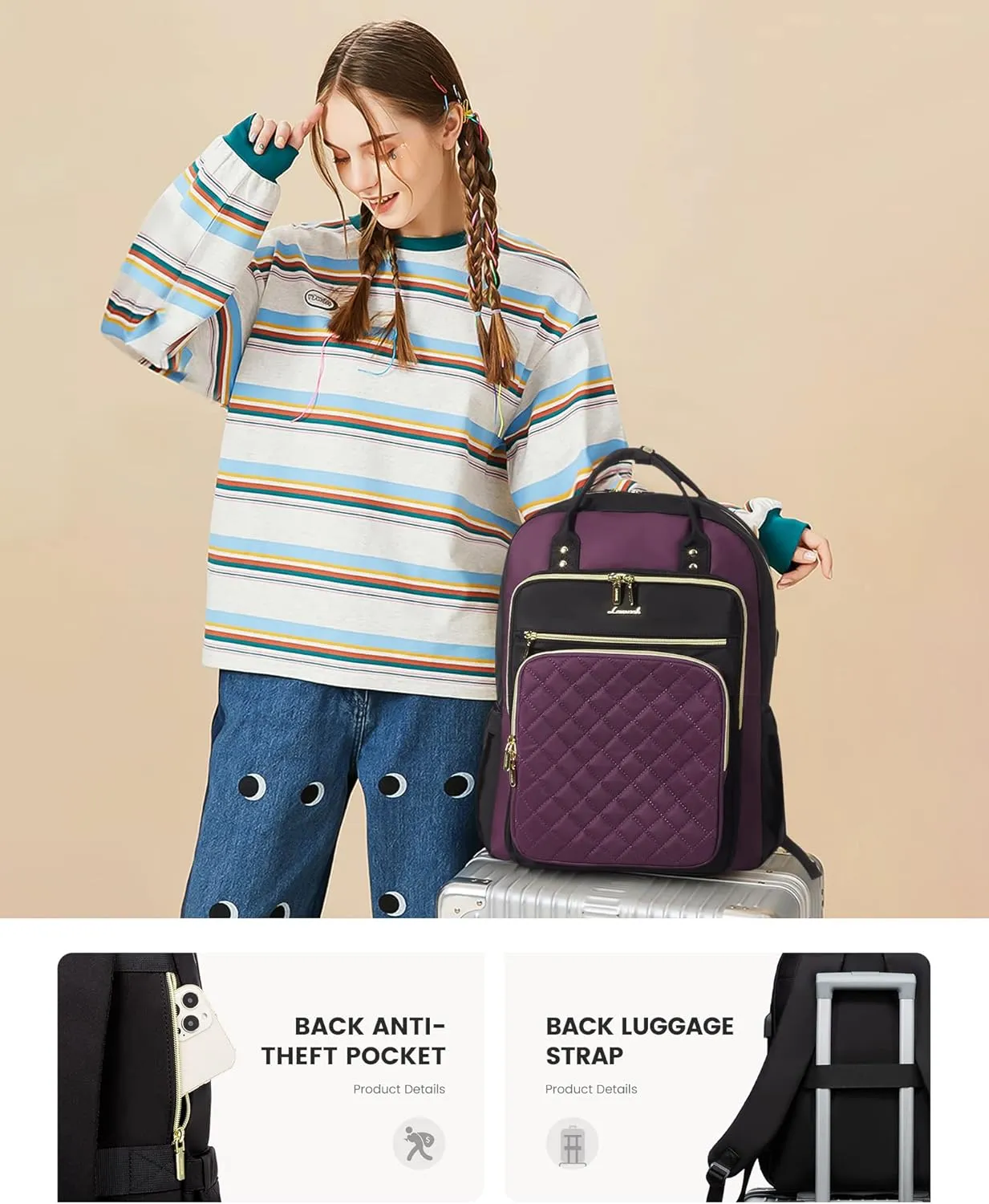 LOVEVOOK Laptop Backpack Purse for Women, 15.6" Laptop Bag for Travel with USB Port, Water Resistant Lightweight Daypacks for College Work Business, Nurse Teacher Computer Bags, Purple Black