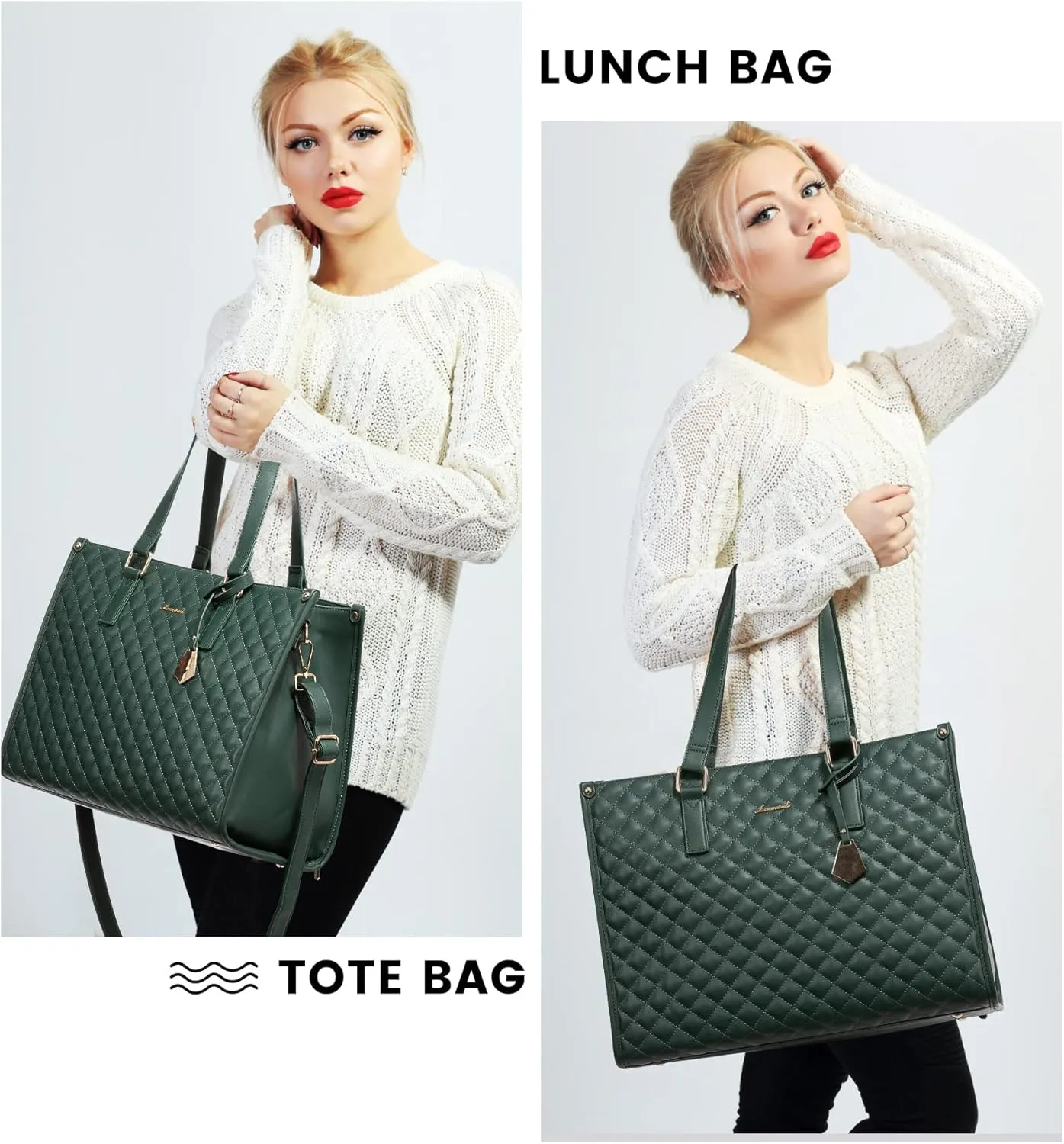 LOVEVOOK Lunch Tote Bag for Women, 15.6 Inch Laptop Bag with Insulated Lunch Compartment, Quilted Large Capacity Computer Handbag with Purse for Business, Work, Nurse, Collage, Office, Casual, Green