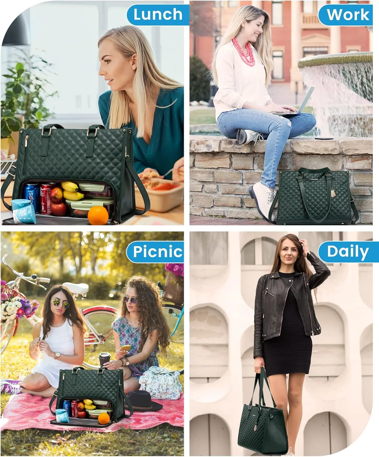 LOVEVOOK Lunch Tote Bag for Women, 15.6 Inch Laptop Bag with Insulated Lunch Compartment, Quilted Large Capacity Computer Handbag with Purse for Business, Work, Nurse, Collage, Office, Casual, Green