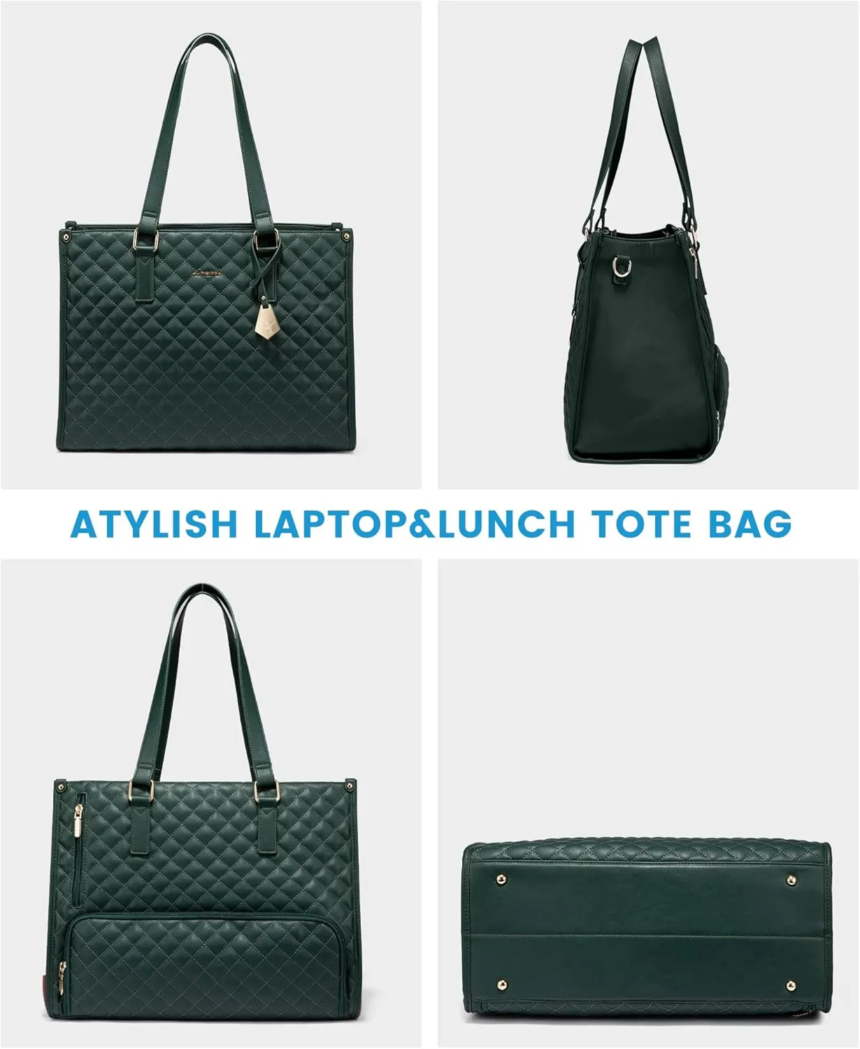 LOVEVOOK Lunch Tote Bag for Women, 15.6 Inch Laptop Bag with Insulated Lunch Compartment, Quilted Large Capacity Computer Handbag with Purse for Business, Work, Nurse, Collage, Office, Casual, Green