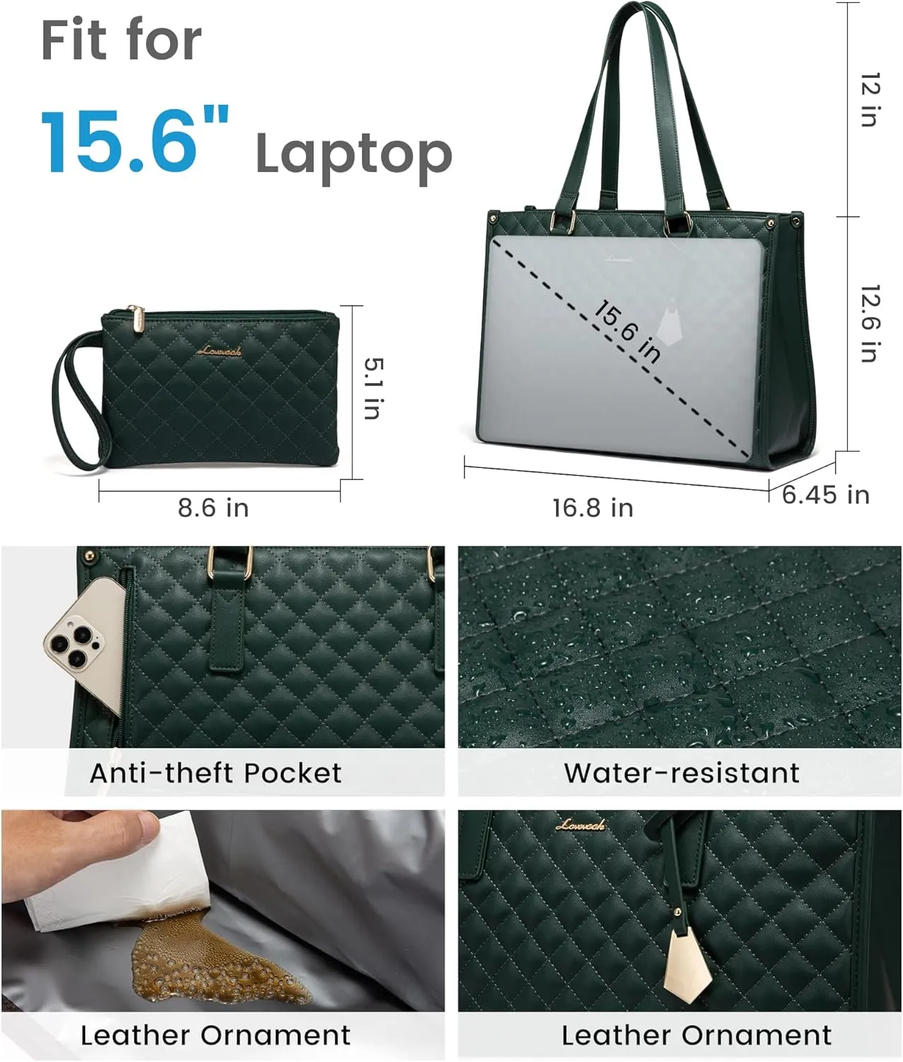LOVEVOOK Lunch Tote Bag for Women, 15.6 Inch Laptop Bag with Insulated Lunch Compartment, Quilted Large Capacity Computer Handbag with Purse for Business, Work, Nurse, Collage, Office, Casual, Green