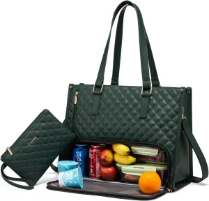 LOVEVOOK Lunch Tote Bag for Women, 15.6 Inch Laptop Bag with Insulated Lunch Compartment, Quilted Large Capacity Computer Handbag with Purse for Business, Work, Nurse, Collage, Office, Casual, Green