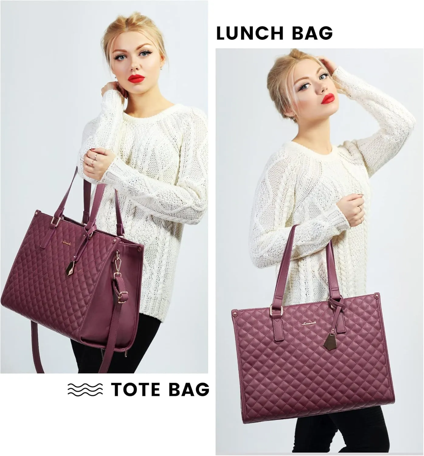 LOVEVOOK Lunch Tote Bag for Women, 15.6 Inch Laptop Bag with Insulated Lunch Compartment, Quilted Large Capacity Computer Handbag with Purse for Business, Work, Nurse, Collage, Office, Casual, Wine