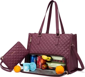 LOVEVOOK Lunch Tote Bag for Women, 15.6 Inch Laptop Bag with Insulated Lunch Compartment, Quilted Large Capacity Computer Handbag with Purse for Business, Work, Nurse, Collage, Office, Casual, Wine