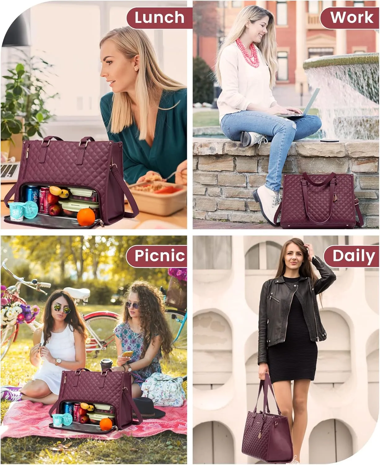 LOVEVOOK Lunch Tote Bag for Women, 15.6 Inch Laptop Bag with Insulated Lunch Compartment, Quilted Large Capacity Computer Handbag with Purse for Business, Work, Nurse, Collage, Office, Casual, Wine