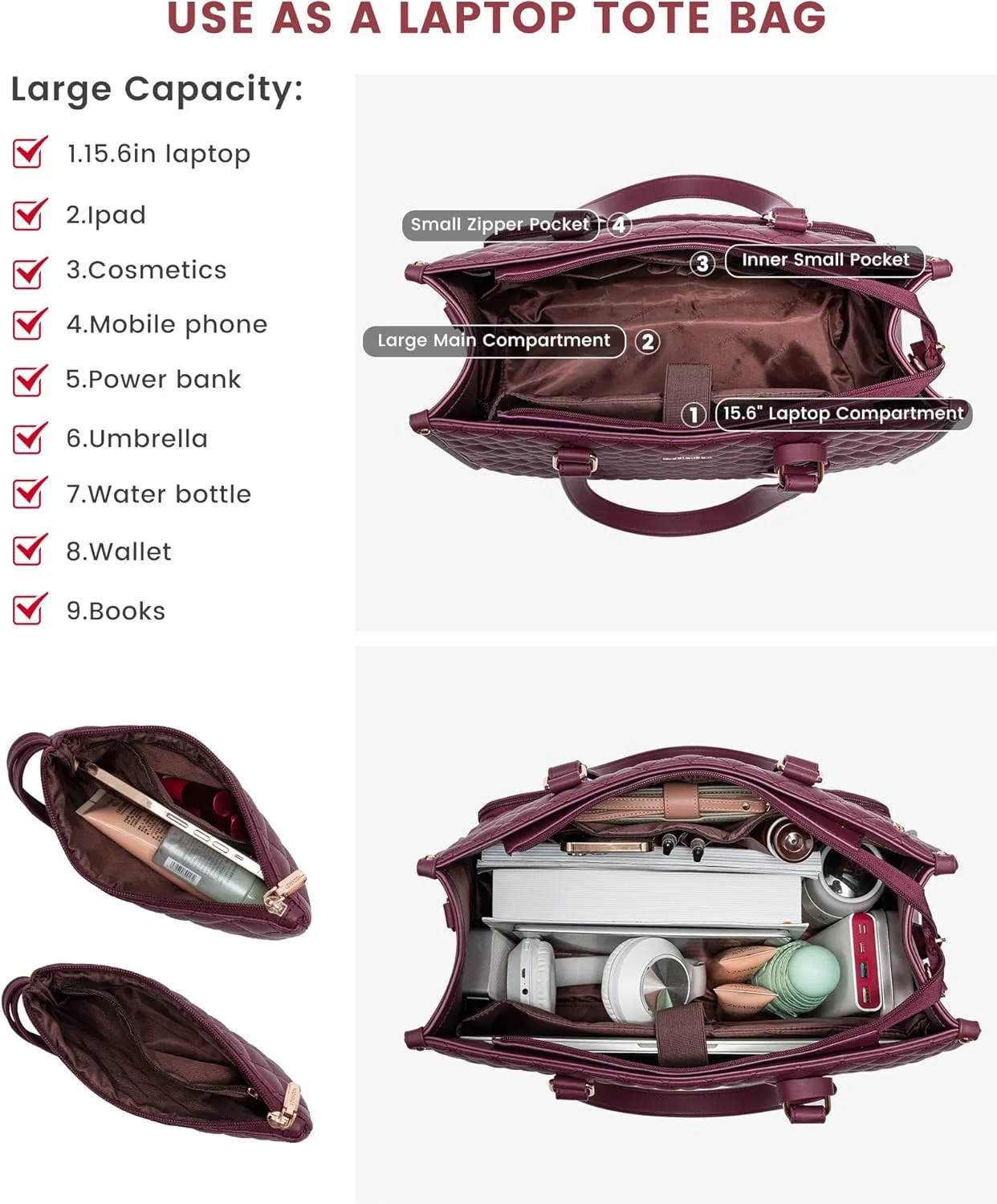 LOVEVOOK Lunch Tote Bag for Women, 15.6 Inch Laptop Bag with Insulated Lunch Compartment, Quilted Large Capacity Computer Handbag with Purse for Business, Work, Nurse, Collage, Office, Casual, Wine