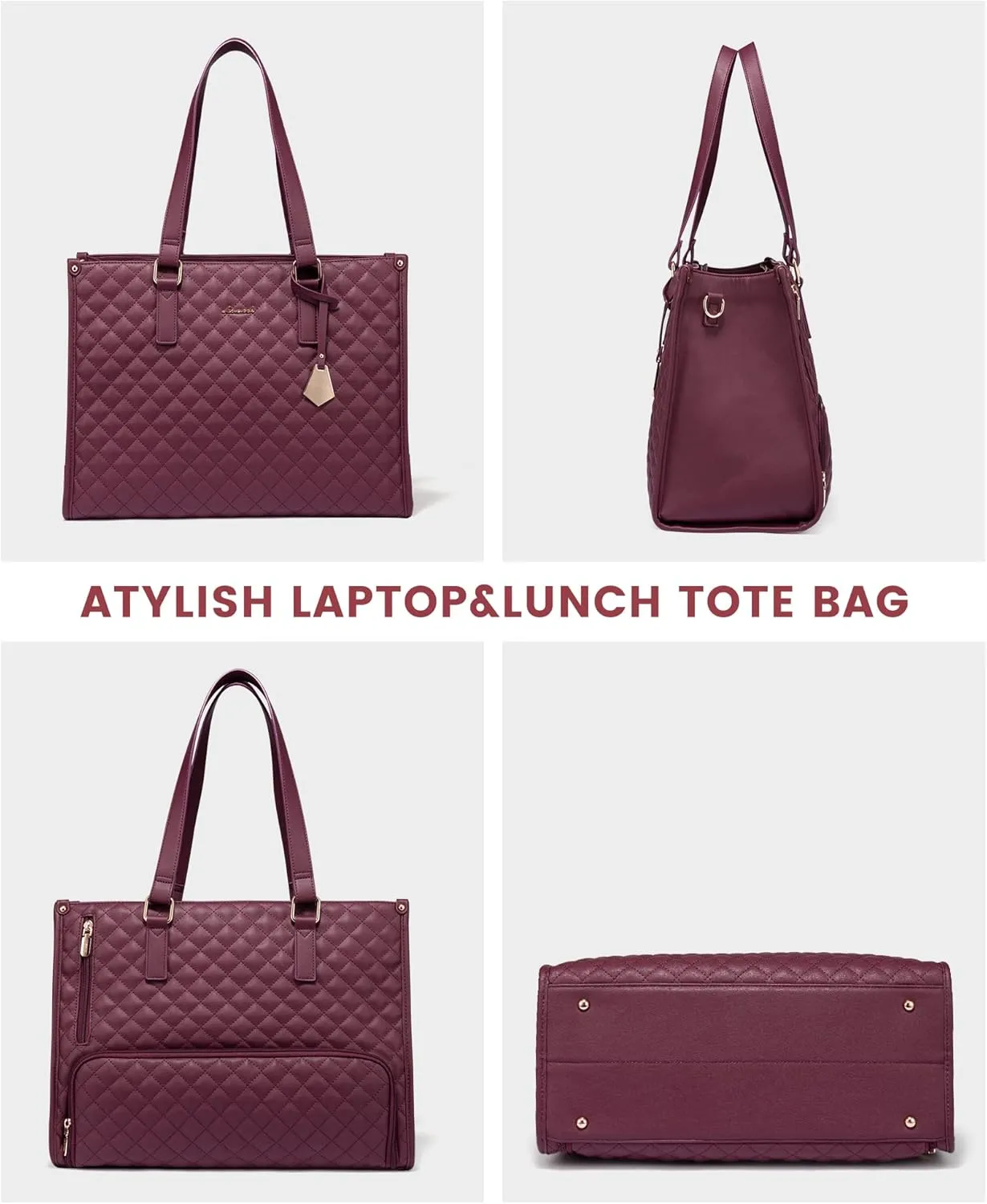 LOVEVOOK Lunch Tote Bag for Women, 15.6 Inch Laptop Bag with Insulated Lunch Compartment, Quilted Large Capacity Computer Handbag with Purse for Business, Work, Nurse, Collage, Office, Casual, Wine