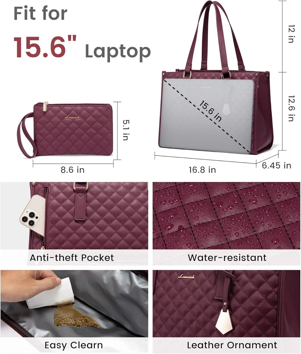 LOVEVOOK Lunch Tote Bag for Women, 15.6 Inch Laptop Bag with Insulated Lunch Compartment, Quilted Large Capacity Computer Handbag with Purse for Business, Work, Nurse, Collage, Office, Casual, Wine