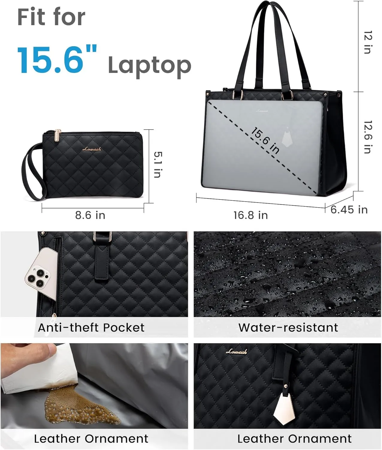 LOVEVOOK Lunch Tote Bag for Women, 15.6 Inch Laptop Bag with Insulated Lunch Compartment, Quilted Large Capacity Computer Handbag with Purse for Business, Work, Nurse, Office, Collage, Casual, Black