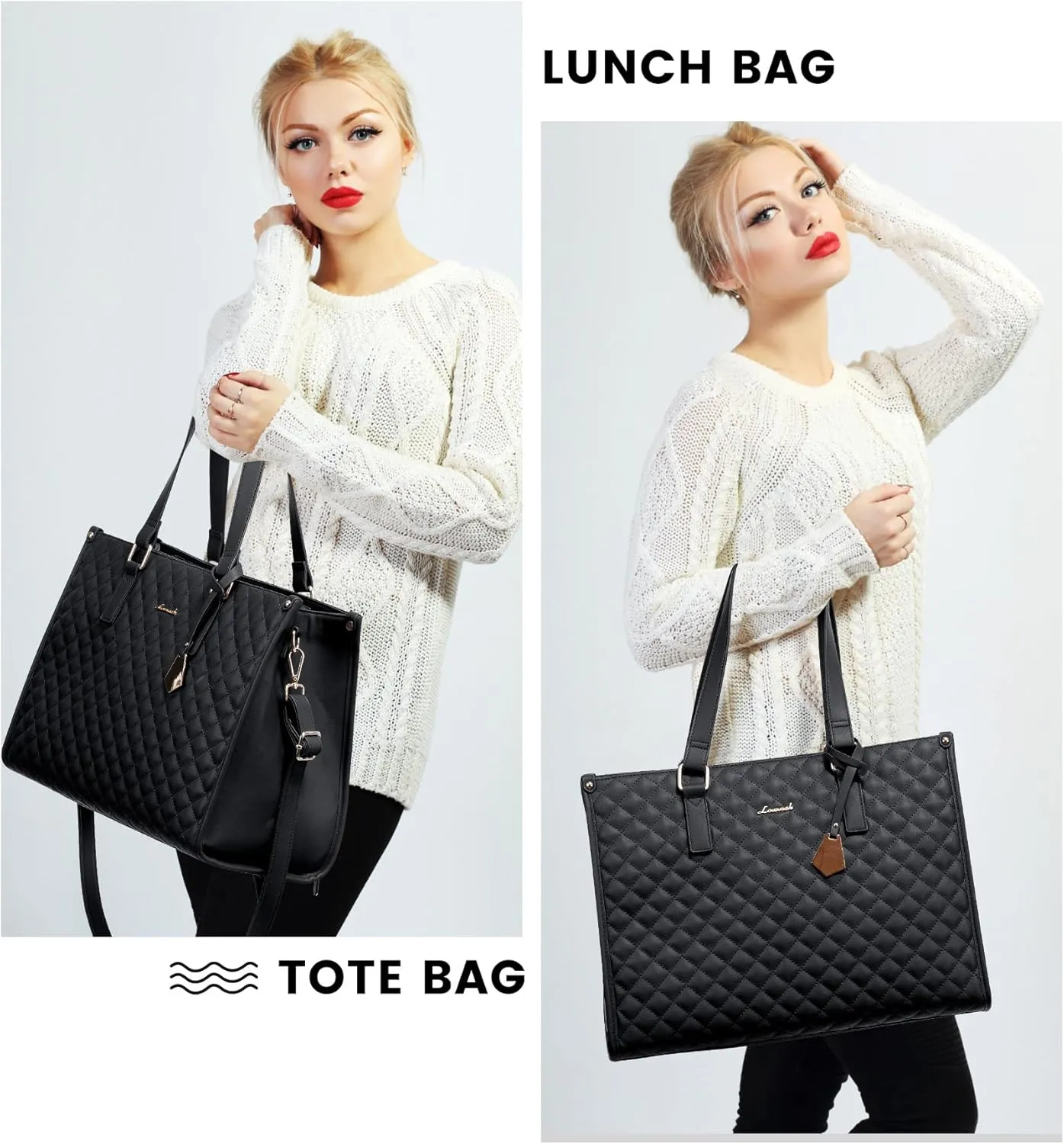 LOVEVOOK Lunch Tote Bag for Women, 15.6 Inch Laptop Bag with Insulated Lunch Compartment, Quilted Large Capacity Computer Handbag with Purse for Business, Work, Nurse, Office, Collage, Casual, Black