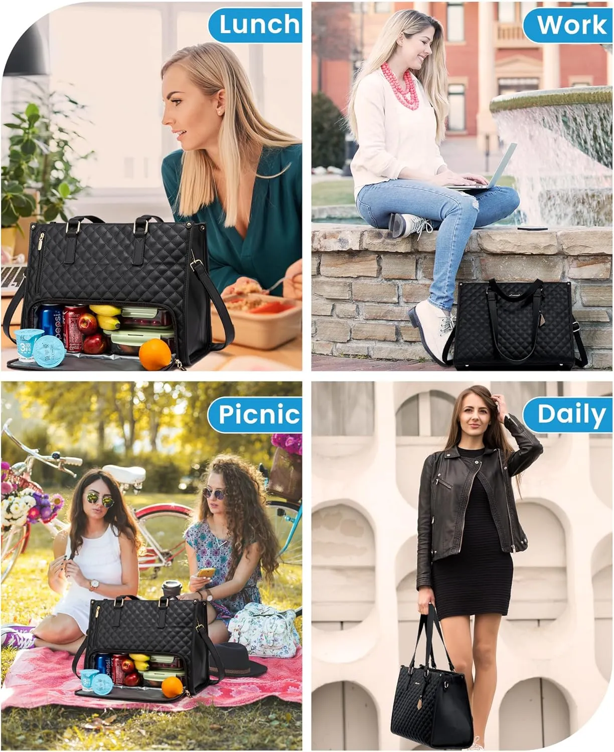 LOVEVOOK Lunch Tote Bag for Women, 15.6 Inch Laptop Bag with Insulated Lunch Compartment, Quilted Large Capacity Computer Handbag with Purse for Business, Work, Nurse, Office, Collage, Casual, Black