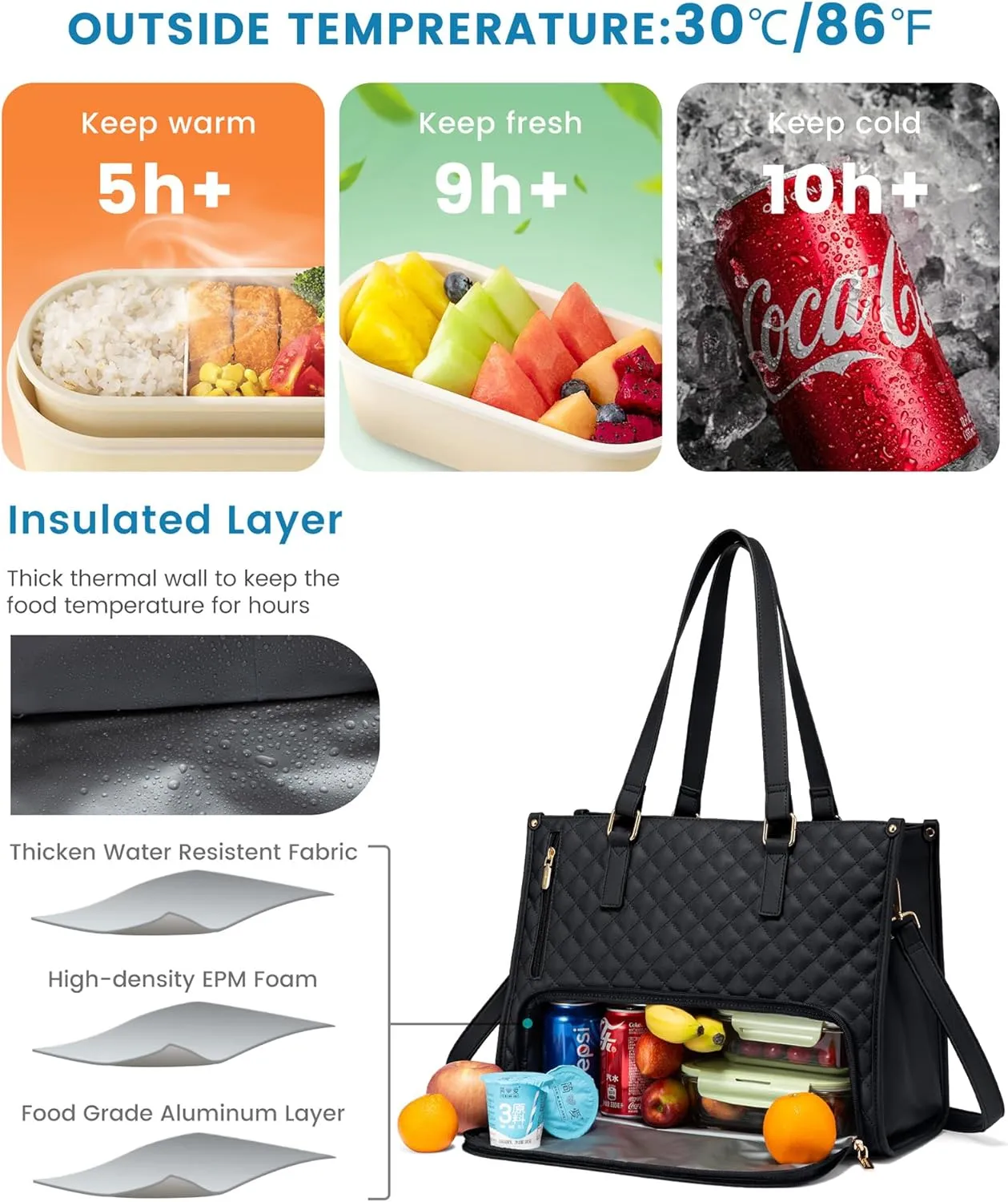 LOVEVOOK Lunch Tote Bag for Women, 15.6 Inch Laptop Bag with Insulated Lunch Compartment, Quilted Large Capacity Computer Handbag with Purse for Business, Work, Nurse, Office, Collage, Casual, Black