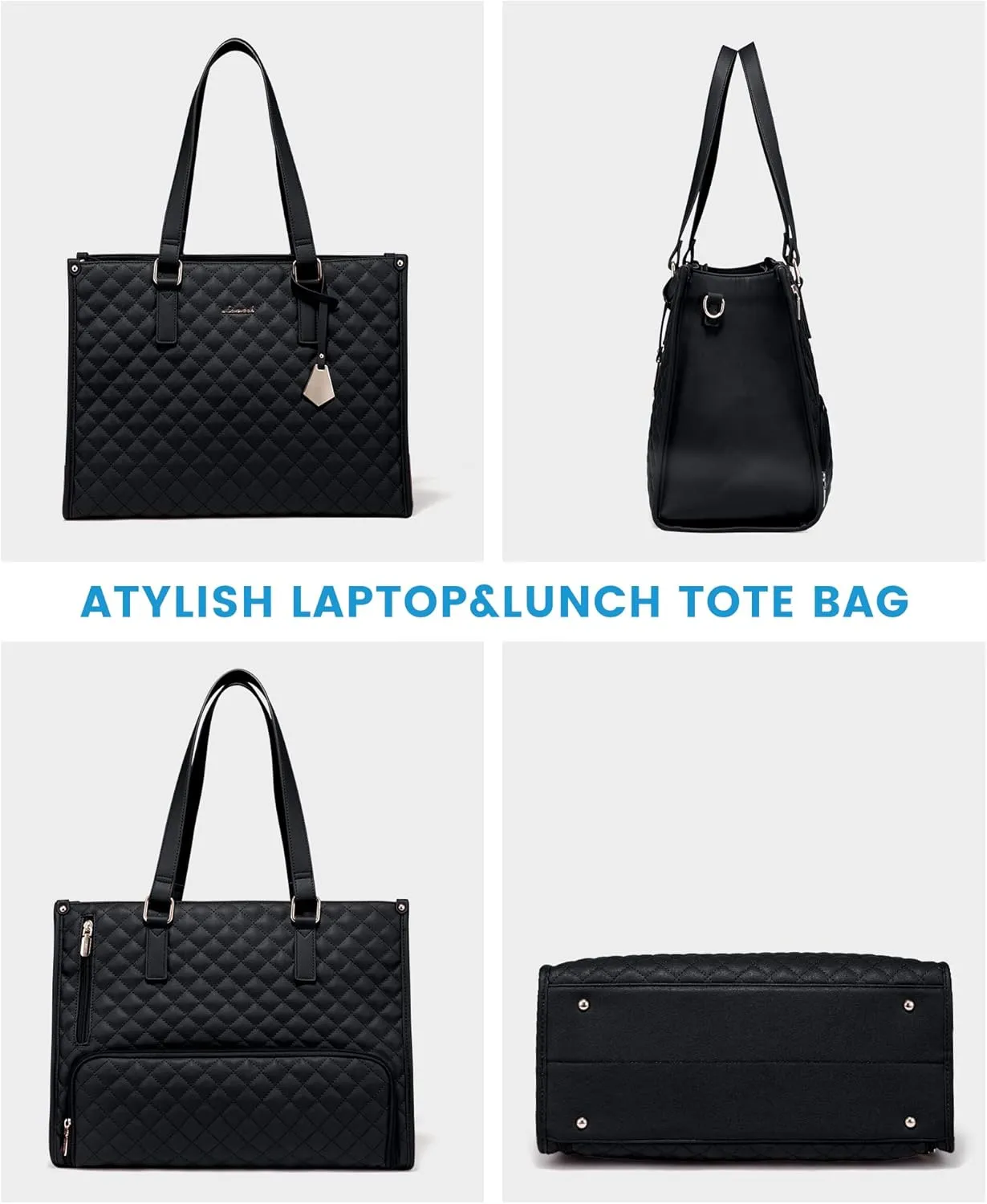 LOVEVOOK Lunch Tote Bag for Women, 15.6 Inch Laptop Bag with Insulated Lunch Compartment, Quilted Large Capacity Computer Handbag with Purse for Business, Work, Nurse, Office, Collage, Casual, Black