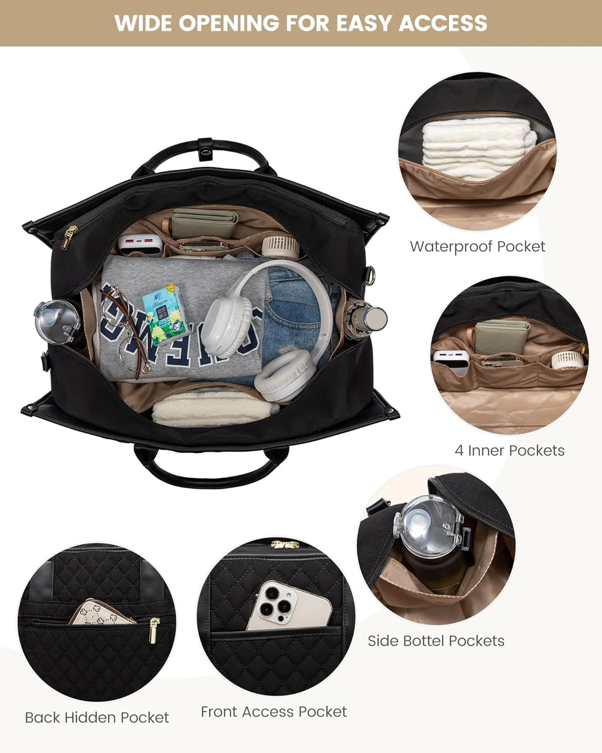 LOVEVOOK Travel Weekender Bags for Women, Quilted Carry On Duffle With Laptop Compartment Airplanes Approved, Large Overnight Bag with Toiletry Bag for Hospital Labor and Delivery, Gym, Yoga, Black