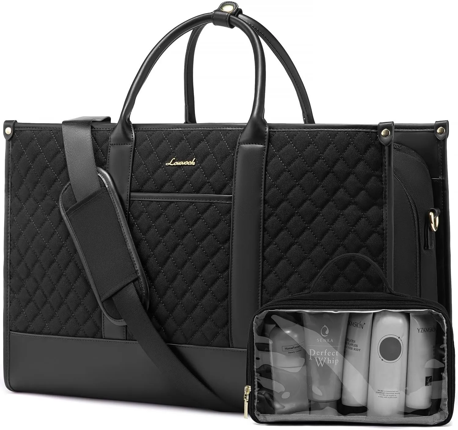 LOVEVOOK Travel Weekender Bags for Women, Quilted Carry On Duffle With Laptop Compartment Airplanes Approved, Large Overnight Bag with Toiletry Bag for Hospital Labor and Delivery, Gym, Yoga, Black
