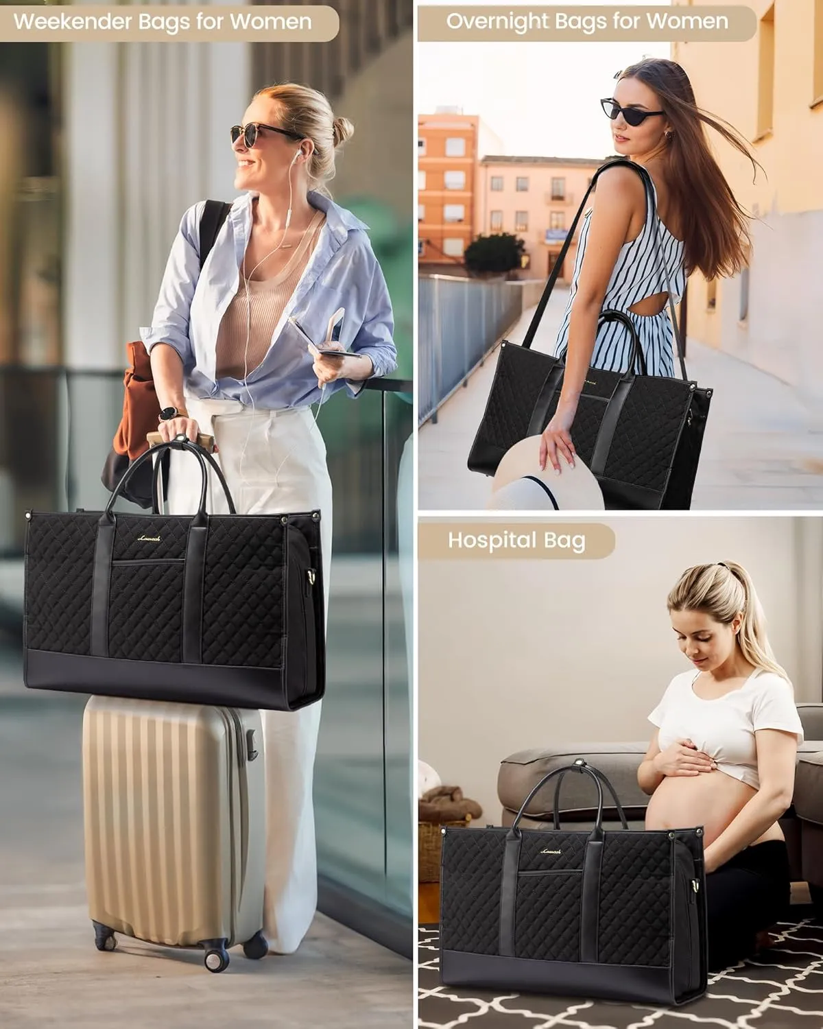 LOVEVOOK Travel Weekender Bags for Women, Quilted Carry On Duffle With Laptop Compartment Airplanes Approved, Large Overnight Bag with Toiletry Bag for Hospital Labor and Delivery, Gym, Yoga, Black