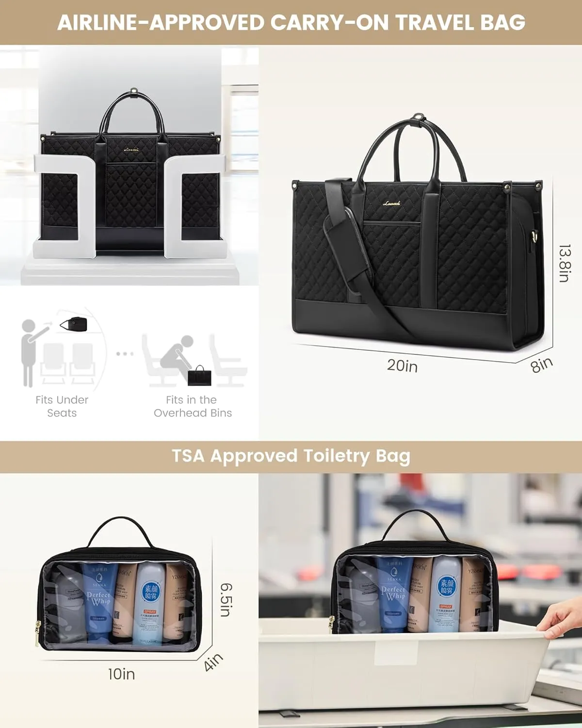 LOVEVOOK Travel Weekender Bags for Women, Quilted Carry On Duffle With Laptop Compartment Airplanes Approved, Large Overnight Bag with Toiletry Bag for Hospital Labor and Delivery, Gym, Yoga, Black