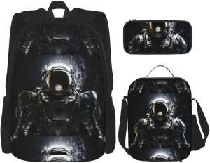 Lunar Astronaut Print Unisex Stylish Travel Backpack Set With Insulated Lunch Bag,Adjustable Straps