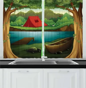 Lunarable Camping Kitchen Curtains, Idyllic Nature Scene of a Deep Forest with Lake and Mountains Cartoon Woodland, Window Drapes 2 Panel Set for Kitchen Cafe Decor, 55" x 24", Multicolor
