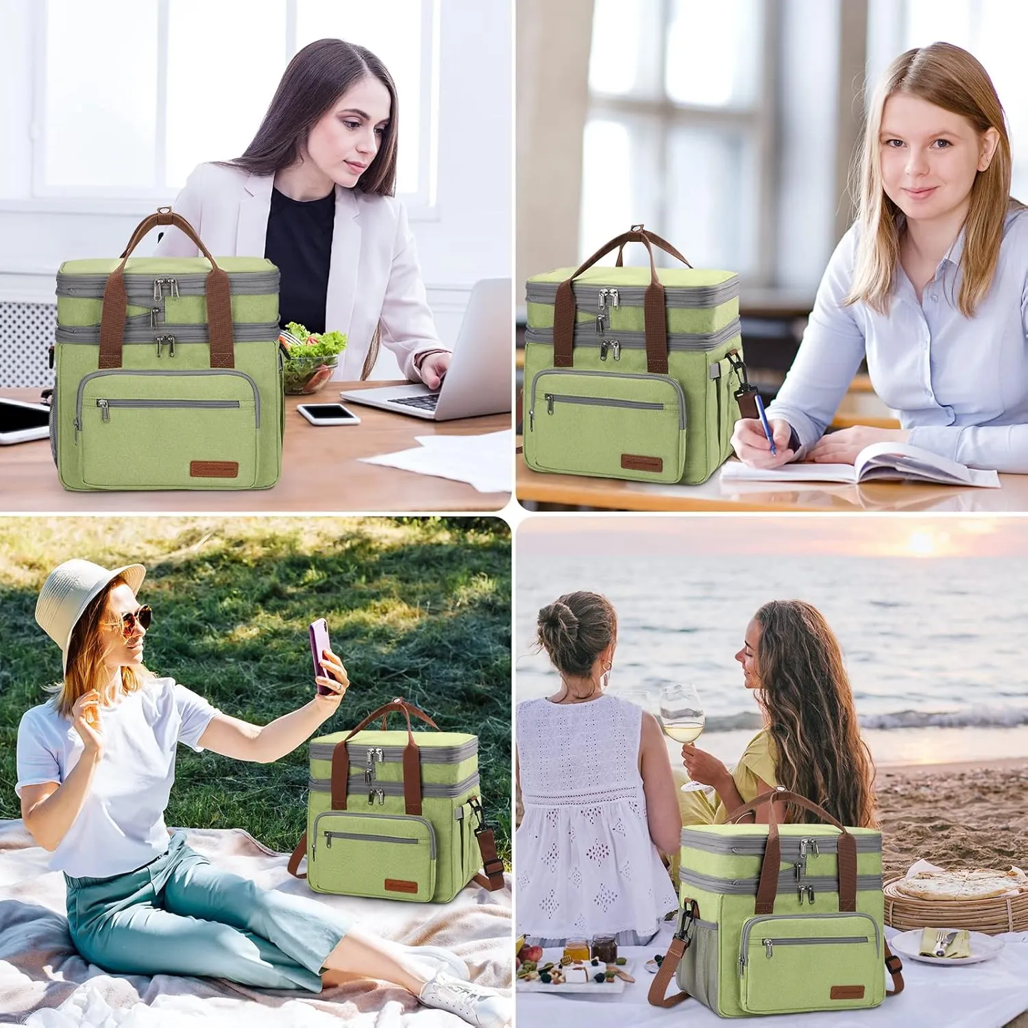 Maelstrom Lunch Bag Women,23L Insulated Lunch Box For Men Women,Expandable Double Deck Lunch Cooler Bag,Lightweight Leakproof Lunch Tote Bag With Side Tissue Pocket,Green