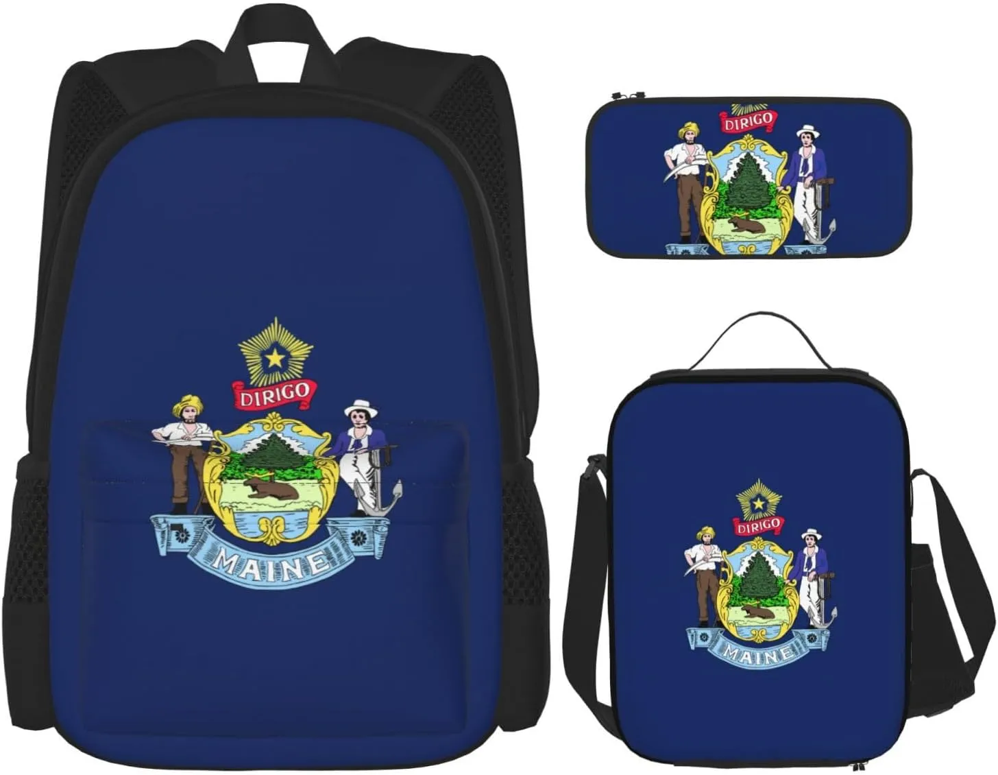 Maine State Flag Print Travel Backpack For Women 3-Piece Set With Insulated Lunch Box,For Outdoor Travel