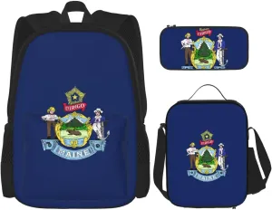 Maine State Flag Print Travel Backpack For Women 3-Piece Set With Insulated Lunch Box,For Outdoor Travel