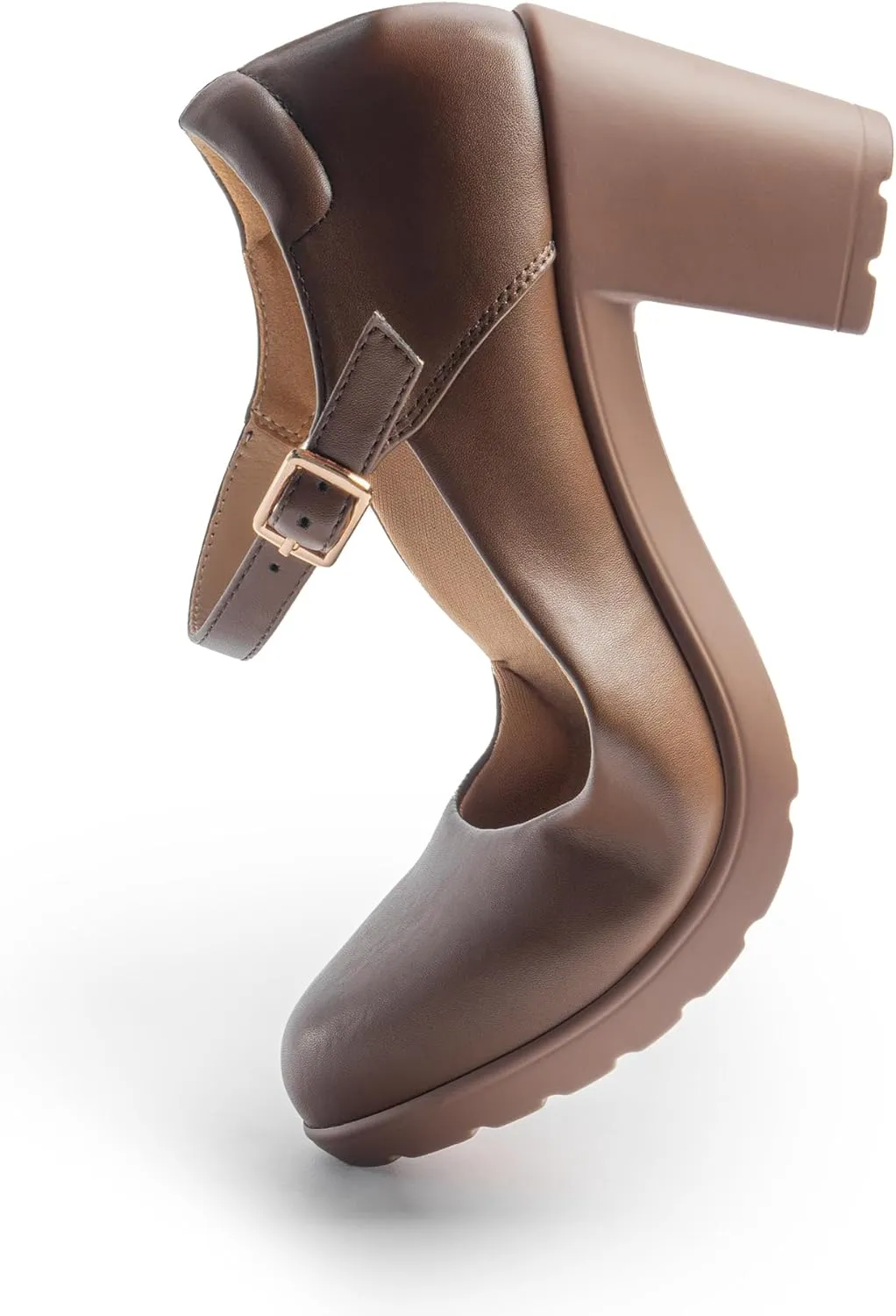 Mary Jane Heels with Arch Support, Closed Round Toe Chunky Pumps for Women, Comfortable Block Heel Dress Shoes Brown Version