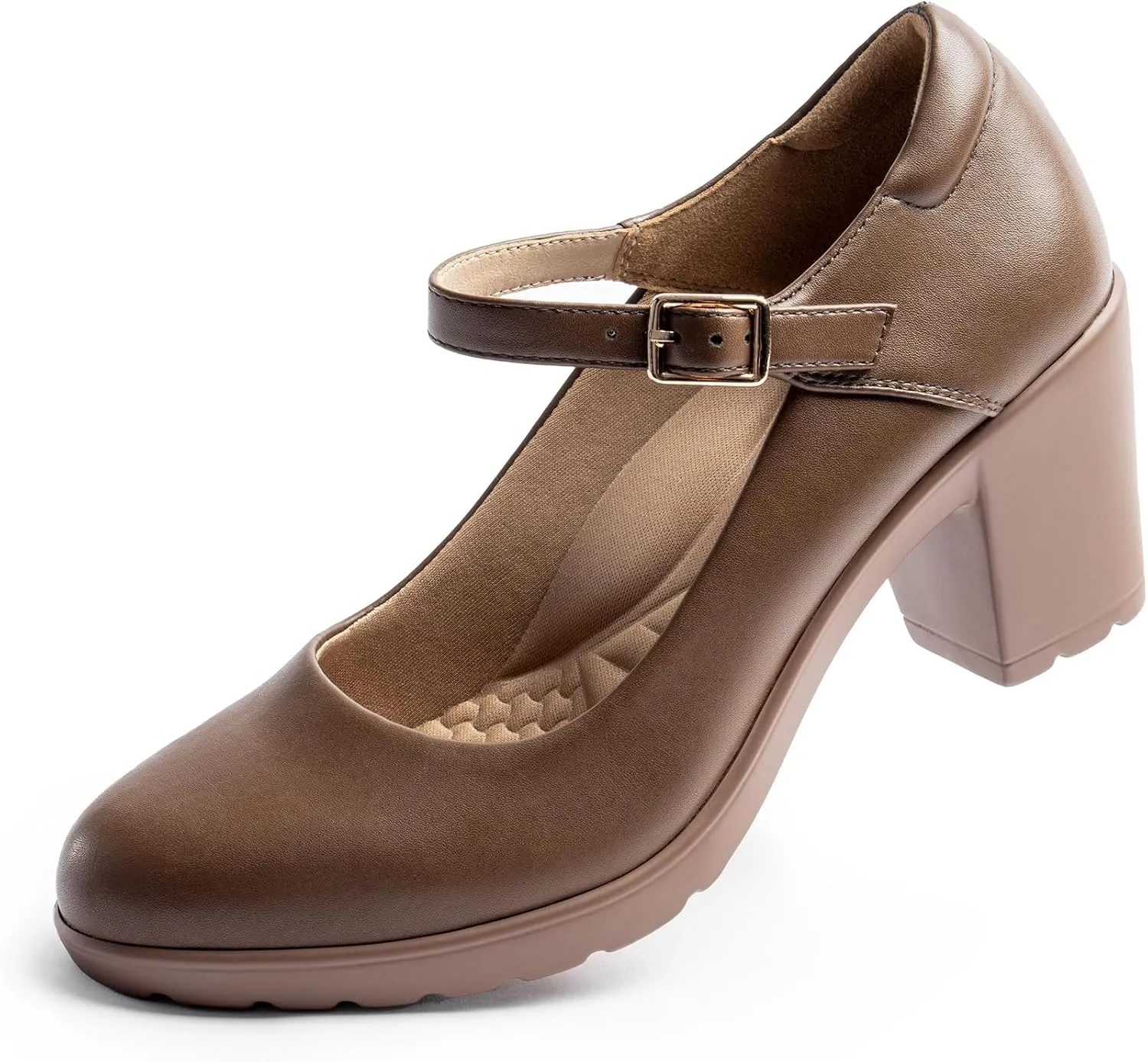 Mary Jane Heels with Arch Support, Closed Round Toe Chunky Pumps for Women, Comfortable Block Heel Dress Shoes Brown Version