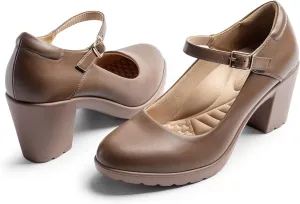 Mary Jane Heels with Arch Support, Closed Round Toe Chunky Pumps for Women, Comfortable Block Heel Dress Shoes Brown Version